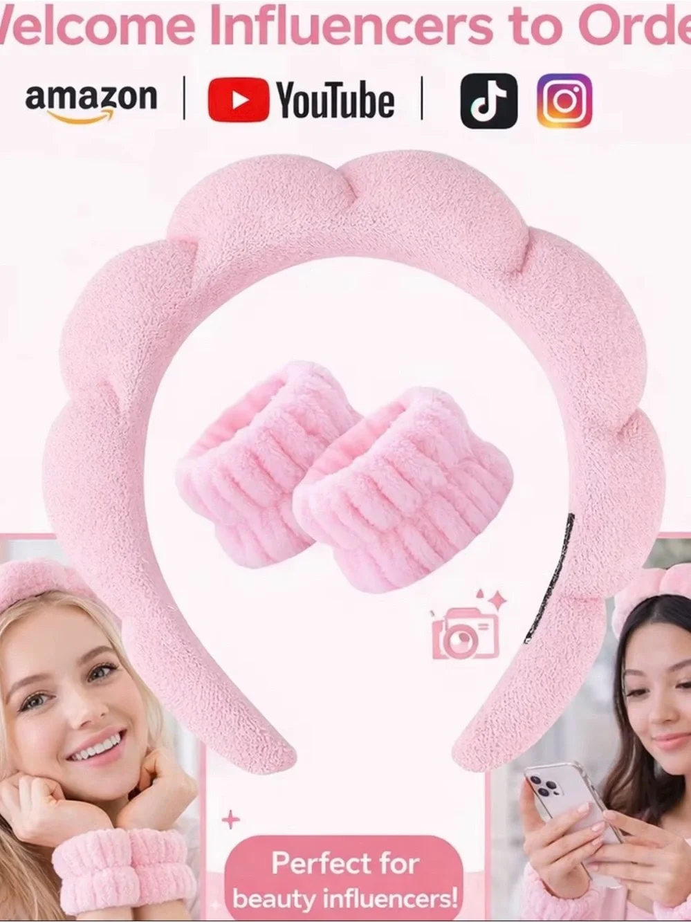 Plush Pink Headband and Matching Wristbands Set - Soft Hair Accessory